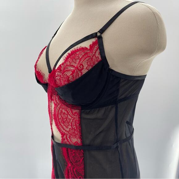 Adore Me Red Black Lace Valentine Sexy Cut Out Babydoll Slip Dress Size Medium - Picture 6 of 11